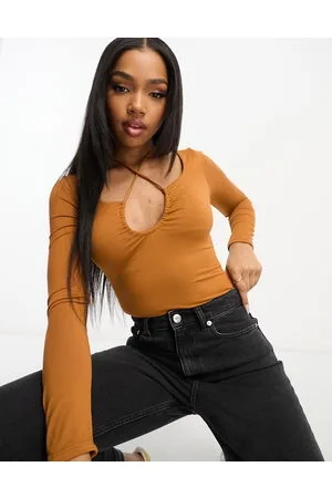 Gilli Halter long sleeve bodysuit in camel