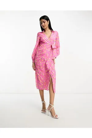 In The Style Wrap tie side midi shirt dress in pink print