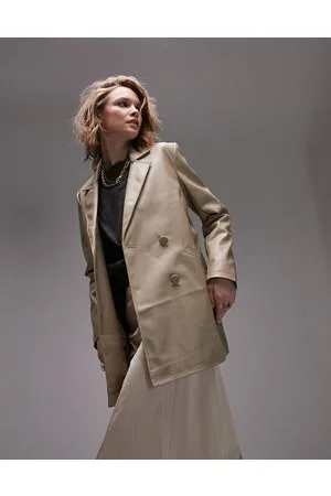 Topshop Faux leather oversized blazer in latte