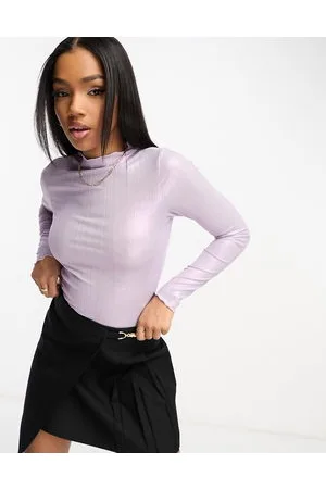 Monki Long sleeve metallic lettuce hem top in lilac