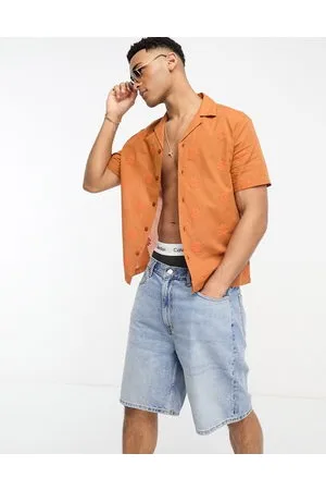 River Island Short sleeve revere embroidery shirt in rust
