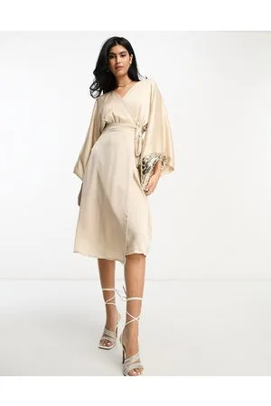 TFNC Bridesmaid kimono sleeve satin wrap midi dress in mink