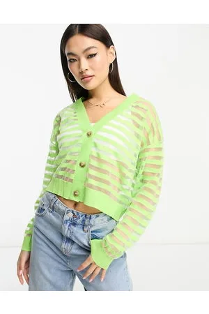 MANGO Button front cardigan in lime stripe