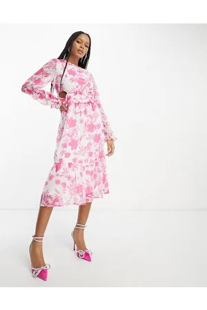 In The Style Chiffon side cut out midi dress in white and pink floral