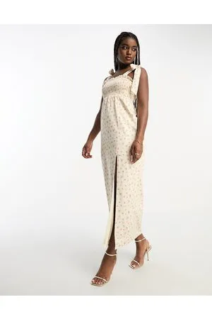 The Frolic Shirred bodice midi dress with tie straps in vintage floral