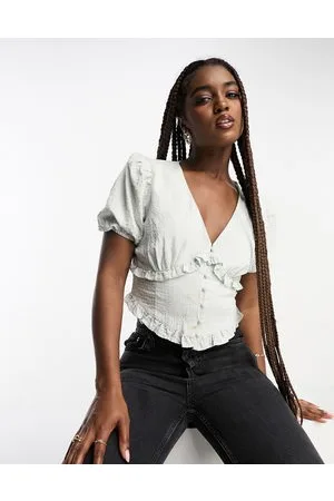 The Frolic V-neck button front puff sleeve blouse in gingham