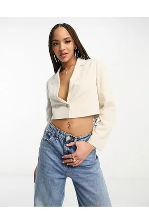 Stradivarius Cropped linen blazer in natural