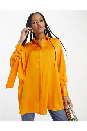 ASOS Oversized satin shirt with tie cuff detail in apricot