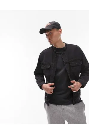 Topman Oversized collarless denim jacket in