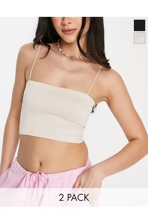 Pull&Bear 2 pack strappy ribbed tube crop top in & nude