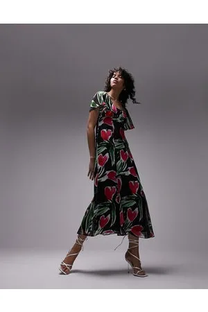 Topshop Printed floral midi tea dress in red and purple floral