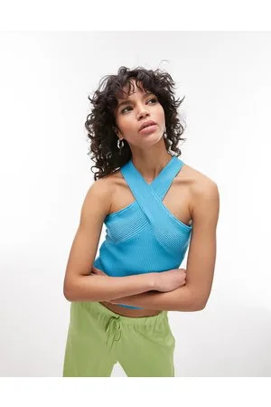 Topshop Knitted cross front top in aqua