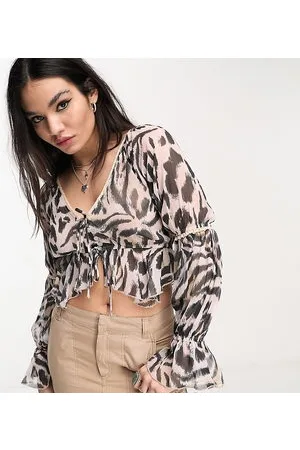 Reclaimed Tie front blouse in animal print