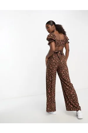 Miss Selfridge Tie back wide leg jumpsuit in brown animal ditsy