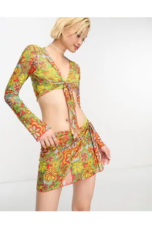 ONLY Mesh tie side beach mini skirt co-ord in 70s floral