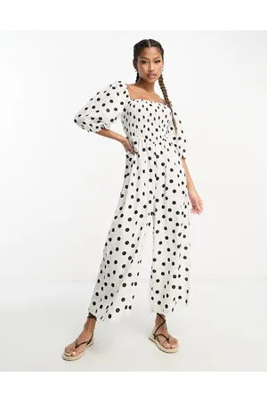 ASOS Linen look shirred bodice puff sleeve jumpsuit in mono spot print