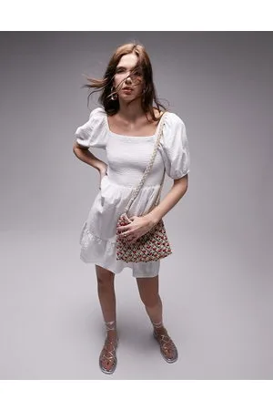 Topshop Shirred textured mini dress in ivory