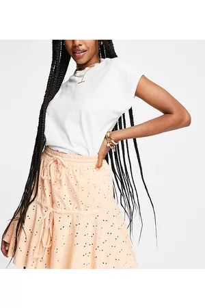 ASOS ASOS DESIGN Tall broderie tiered mini skirt with tie detail in apricot