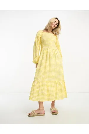 Monki Long sleeve midi dress with ruffled hem in gingham