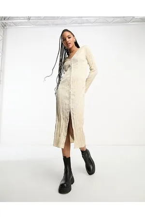 Monki Hook and eye crinkle midi dress in beige