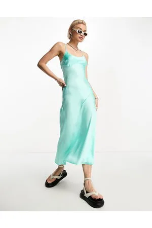 ONLY Open back satin slip midi dress in turquoise