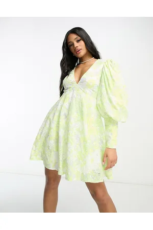 ASOS Broderie keyhole mini smock dress in lime floral
