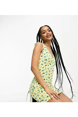 JDY Exclusive tie shoulder mini dress in yellow & blue floral