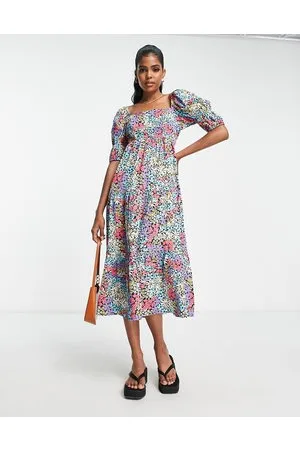 Influence Square neck puff sleeve midi dress in bold floral print