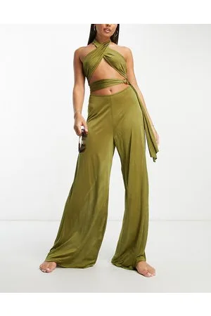 ASOS Slinky cross-neck wide leg beach jumpsuit in olive