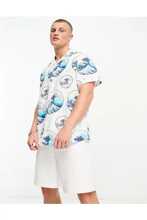 ASOS Relaxed revere linen look shirt in Hokusai print