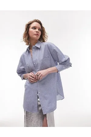 Topshop Wide cuff woven striped shirt in dark