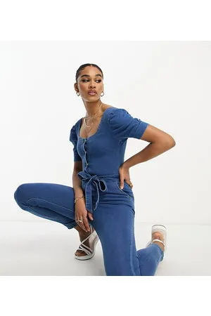 Parisian Belted denim jumpsuit in mid wash