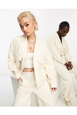 IIQUAL Sett - Unisex drop shoulder pocket detail jacket co-ord in cream