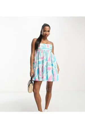 ASOS ASOS DESIGN Petite cotton pleat bust babydoll mini sundress in blue abstract
