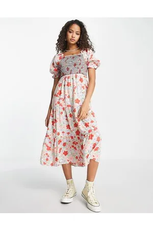 Influence Shirred bust midi dress in floral print