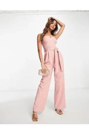 Miss Selfridge Strapless bandeau tie waist wide leg jumpsuit in blush