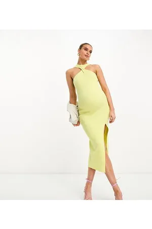 The Frolic Midi dress with twist high neck and side slit in