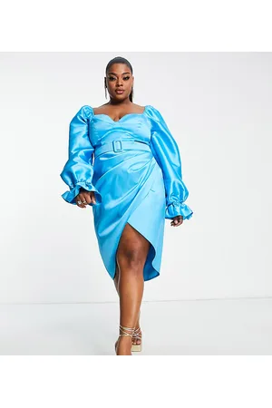ASOS Curve puff sleeve drape midi dress in blue