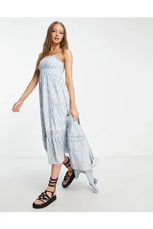 Influence Shirred bust tiered midi dress in check floral print