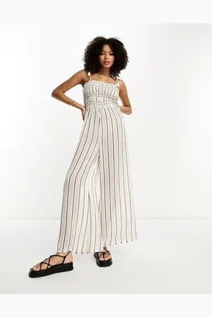 River Island Shirred detail stripe beach jumpsuit in beige