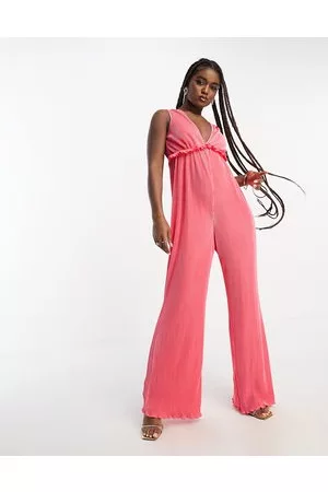 The Frolic Dame Jumpsuits - Plisse frill detail plunge front jumpsuit in coral