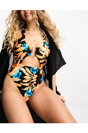 River Island Trim halterneck swimsuit in tropical print