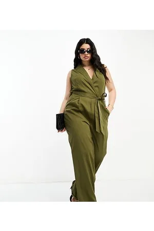 In The Style X Gemma Atkinson tailored sleeveless tie belt detail jumpsuit in khaki