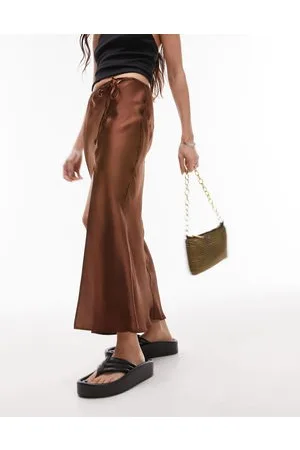 Topshop Split tie bias midi skirt in chocolate
