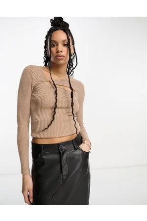 Urban Threads Ribbed long sleeve top with cut out in sand