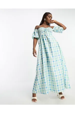 The Frolic Check off-shoulder shirred maxi dress in