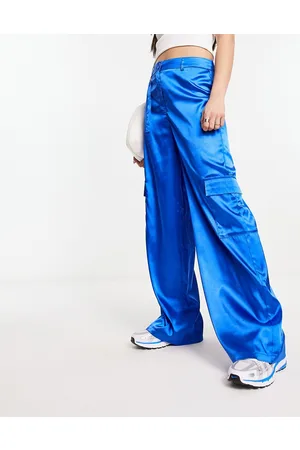 Urban Threads Satin wide leg cargo trousers in cobalt