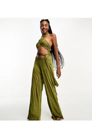ASOS ASOS DESIGN Tall slinky cross-neck wide leg beach jumpsuit in olive