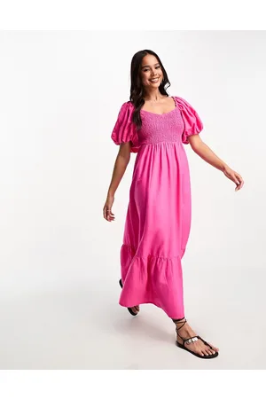 New Look Puff sleeve shirred top midi dress in bright