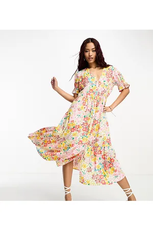 In The Style Exclusive button through puff sleeve midi dress in ditsy floral